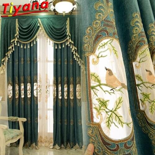 Light Blue Thick Chenille Semi-Blackout Curtains for Hotel Chinese Classical Luxury Bird Embroidery Curtains for Living Room #VT