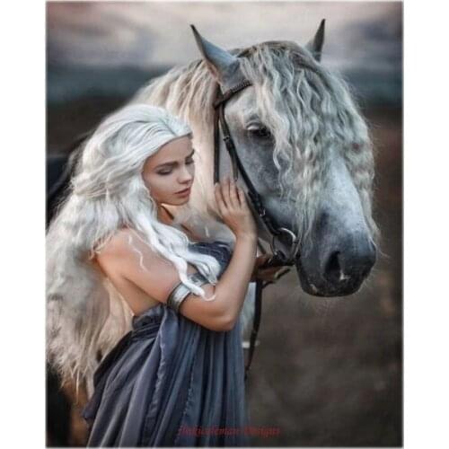 Counted Cross Stitch Kits Needlework Embroidery - Crafts 14 ct Aida DMC Color DIY Arts Handmade Home Decor - Girl and Horse 2