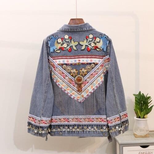 YAMDI jean jacket outwear bohemian denim jacket women spring 2020 denim coat woman autumn winter embroidery tassel vintage print