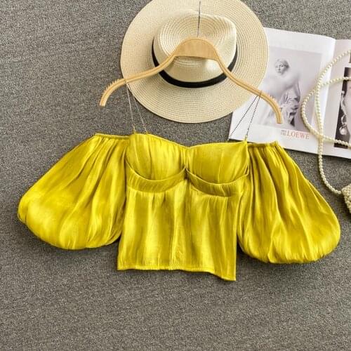 One-shoulder off-the-shoulder blouse womens summer 2021 new style Korean loose puff sleeve short western style sling shirt