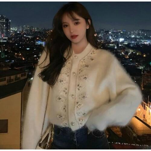 Women Autumn Gentle Heavy Beaded Sweater Coat Rhinestone Mohair Knitted Cardigan Mink Cashmere OL Single-breasted Tops Sueter
