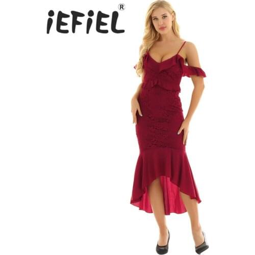 Women Adjustable Spaghetti Strap Ruffled Sleeves Floral Lace Asymmetrical High Low Maxi Long Cocktail Party Princess Dresses