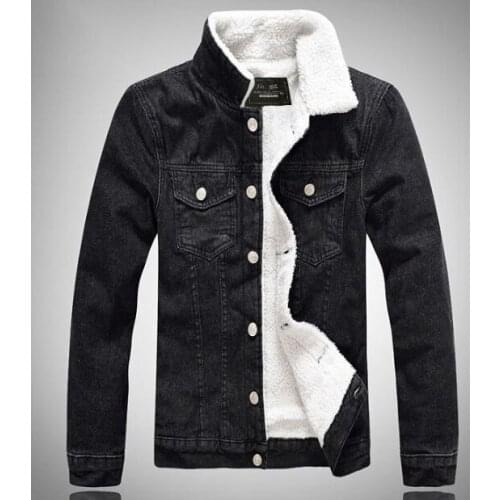 Winter Denim Jackets Men Black Slim Thick Lambs Wool Fashion Full Sleeve Turn-down Collar Casual Male Coats Pockets Tide