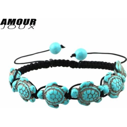 AMOURJOUX Vintage Green Stone Turtle Shaped Hawaiian Style Braid Rope Handmade Bracelets For Women Wholesales
