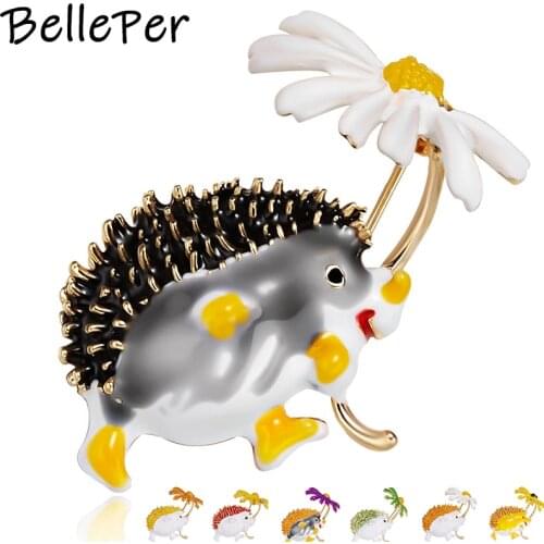 Belleper New Cute Enamel Hedgehog Brooch Fashion Daisy Brooches For Women Funny Design Animal Pins Jewelry Gift ёжик с ромашкой