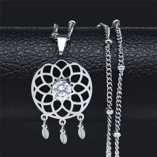 2021 Stainless Steel Crystal Dreamcatcher Tassel Chain Necklace for Women Bohemia Flower Necklaces Jewelry pendentif N8038S05