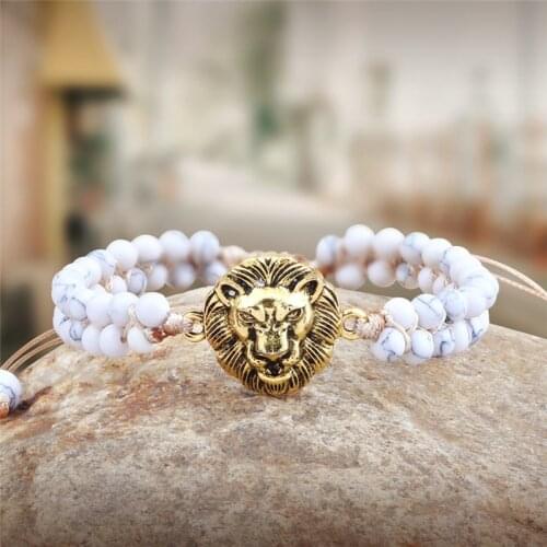 Men Lion Head Charm Bracelet Handmade Natural Turquoises Stone Beaded Boho Yoga Wrap Braided Bracelets&Bangle Women Jewelry Gift