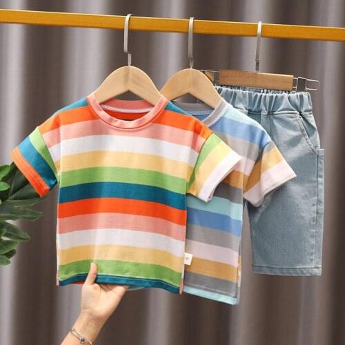 Baby clothes baby boy summer new style fashion striped printed top denim shorts 2-piece set boy casual suit childrens clothing