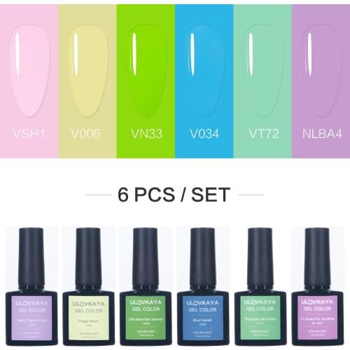 ULOVKAYA 7.3ml Green Yellow Pink Color Nail Gel Polish 6PCS Set Soak Off Gel Varnish Long Lasting UV/LED Gel For Nail Art Salon