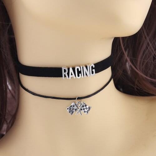 Gothic Letters Racing Choker Women Necklace Racing Flag Charm Pendant Black Velvet Link Chain handmade Collar Jewelry for Women