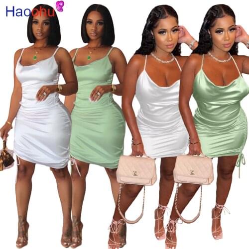 HAOOHU Women Spaghetti Strap Sleevelesss Tie Up Ruched Bodycon Midi Dress Streetwear Sexy Drawsting Stacked Pencil Dresses