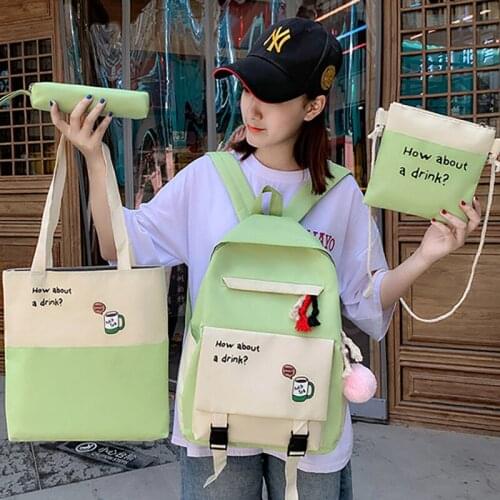 4Pcs/Set Canvas Backpack Large Capacity Girls School Bag High School Student Backpack Fashion Contrast Color Womens Backpack