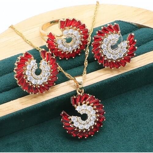 Exquisite Gold Color Jewelry Sets For Women Red White Semi-precious Stones Earrings Necklace pendant Ring Wedding Christmas Gift