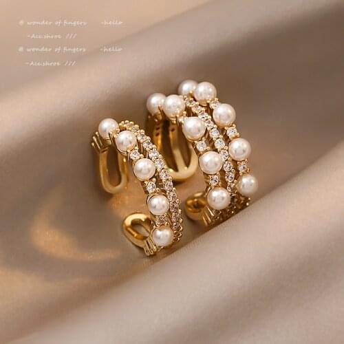 Classic Double Pearl Zircon Gold Rings For Woman Korean Fashion Jewelry Party Girls Sexy Finger Accessories Student Set Gift