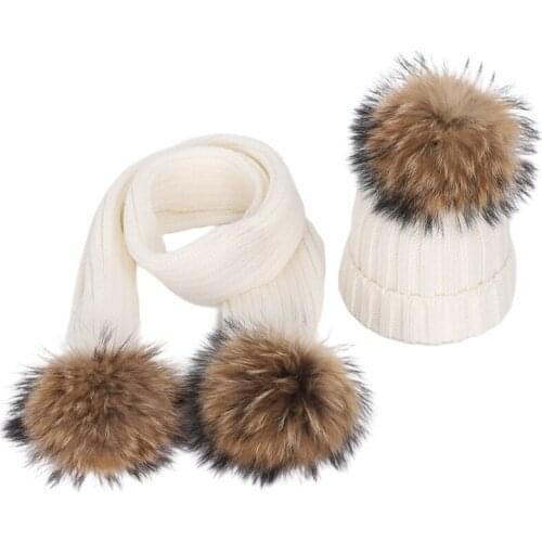 2pcs Children Knitted Beanie Hat Long Scarf Set Infant Baby Fake Fur Ball Pom Pom Cap Warm Winter Beanies for 3-8 Years Old H9ED