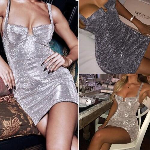 Summer Hot Women Sexy Sleeveless Bodycon Evening Party strap Short Mini Dress Shiny Silver Elegant Female Lady Slim clubwear