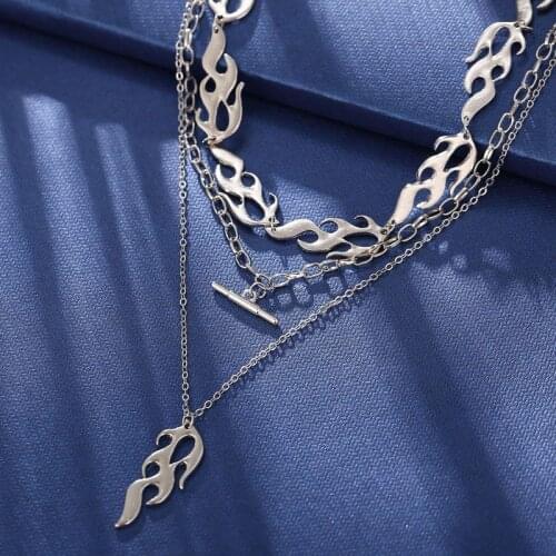 TIMEONLY Statement Multi Layering Flame Pendant Neckalces Chunky Hollow Cuban Chain Necklace for Women Female Hip Hop Jewellery