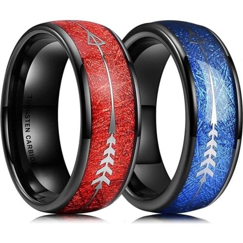 Fashion 8mm Red/Blue Meteorite Inlaid Black Tungsten Carbide Ring For Men Slivery Arrow Dome Polished Men Wedding Band Jewelry