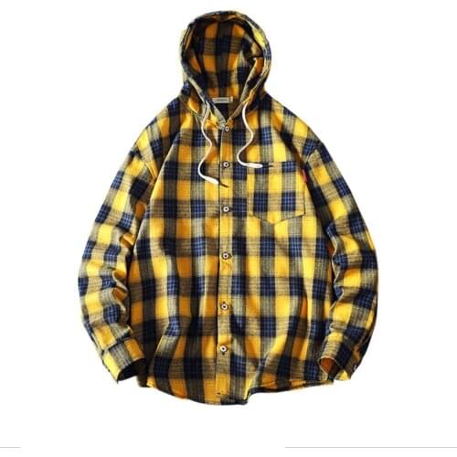 2021 Autumn Causal Pocket Mens Streetwear Hooded Long Sleeve Shirts Male Plaid Coat Plus Size Cotton Shirt