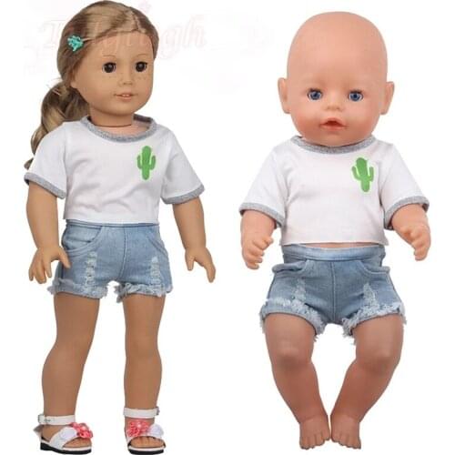 2021 New Cactus T-shirt + Denim Shorts Suit Doll ClothesWear Fit 43cm Baby New Born doll,18 Inch Doll Clothes Accessories