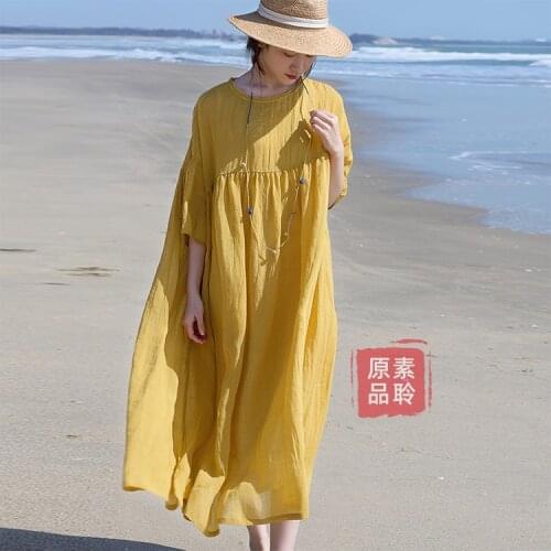 Cotton and linen pleated double layer robe casual literature and art round neck Quarter Sleeve loose swing holiday style dress