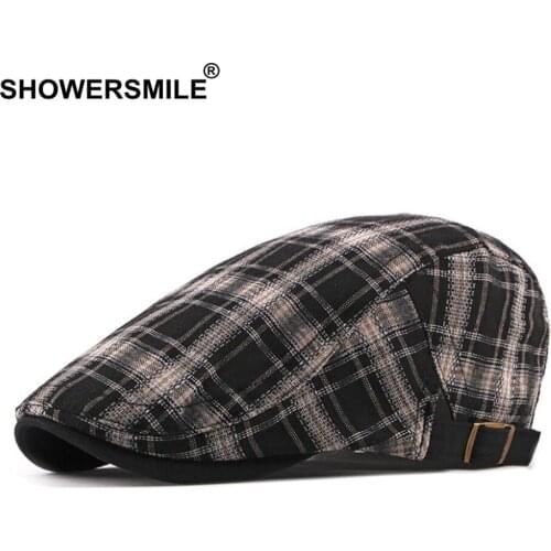 SHOWERSMILE Flat Cap For Men Black Plaid Male Beret Hat British Style Cotton 2021 New Adjustable Retro Driver Flat Cap