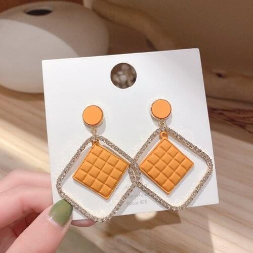 S925 Needle Trendy Square Rhinestone Drop Earrings Fashion Yellow Black Simple Rhombus Earrings For Women Jewelry