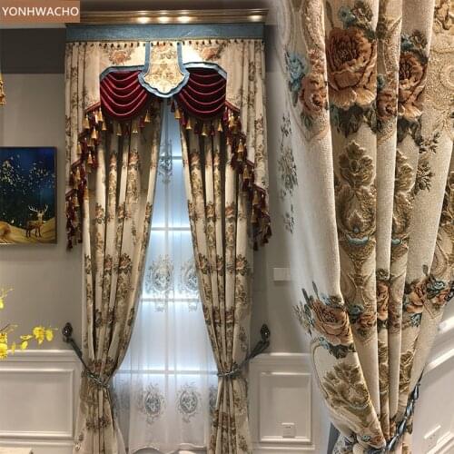 Custom curtain luxury European palace living room chenille jacquard beige thick cloth blackout curtain valance tulle panel C670