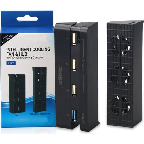 PS4 Slim Auto Temperature Cooling Fan Exhaust Cooler + 4 Port USB Hub Expansion Adapter for Sony Playstation 4 Slim
