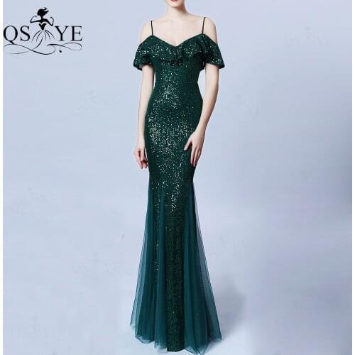 Green Sequin Evening Dress Mermaid Off the Shoulder Ruffles Long Tulle Prom Gown Glitter Spaghetti Straps Party Bridesmaid Dress