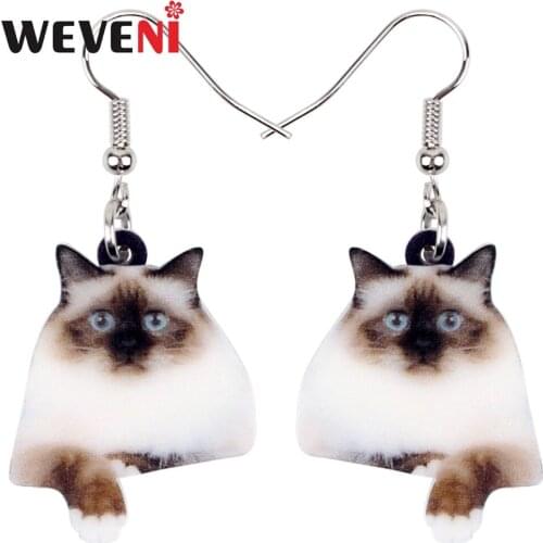 WEVENI Accessory Acrylic Fashion Birman Cat Earrings Dangle Drop New Long Cute Animal Jewelry For Women Girls Statement Brincos