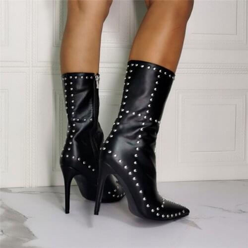 ASHIOFU Handmade Wholesale Womens High Heels Boots Rivets Studded Real Photos Pointed-toe Evening Party Prom Fashion Short Boots