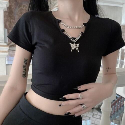2021 Summer Short Sleeve Crop Tops Gothic Punk Bodycon Butterfly Pendant Chain Women T-shirts Lady Solid Black Basic Top Y553