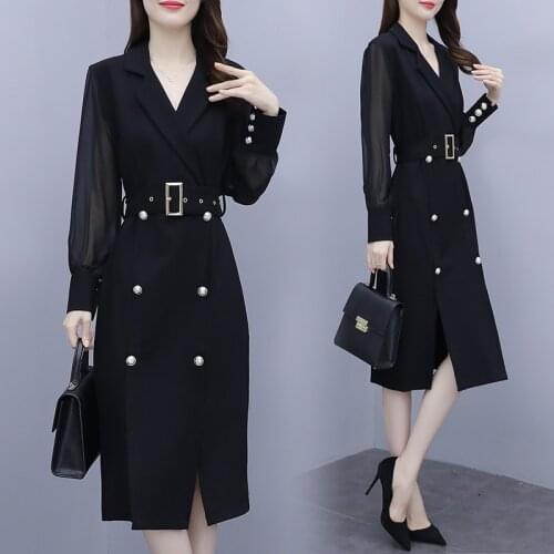 Women Black Elegant Business Dress Fashion 2021 Autumn Long Sleeve Belt Party Office Ladies Work Wear Looes Slim Dresses Clothes