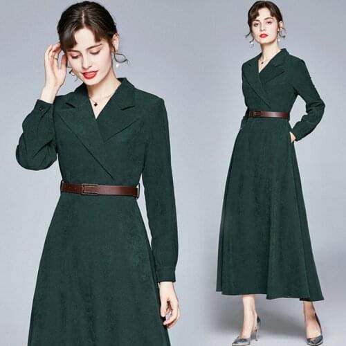 2021 Autumn Winter fashion Women Long Sleeve V Collar High waist Maxi dress