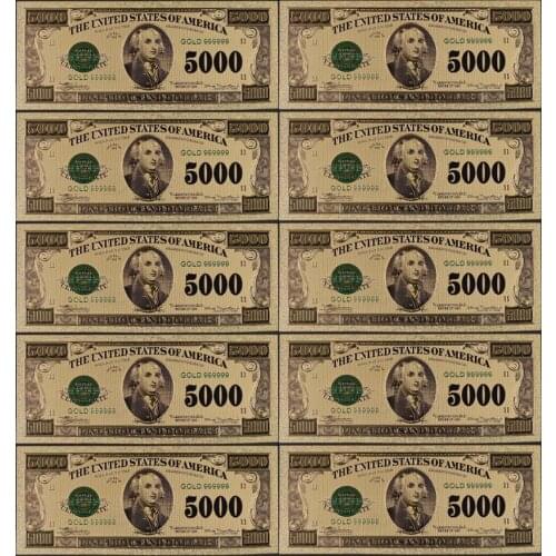 10pcs/lot Colorful America 999.9 Gold Plastic Money Replica US 5000 Dollar Gold Foil Banknote Bill Currency Home Decor