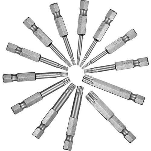 13 Pcs 1/4 Inch Screw Driver Bit Set S2 Steel Hex Shank T5-T45 Magnetic Torx Head Star 6 Point Screwdriver Kit Tools
