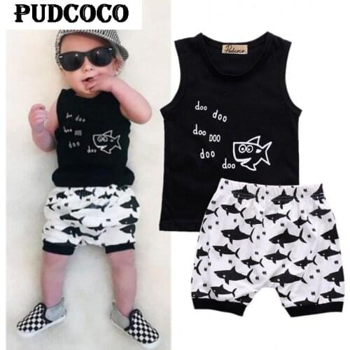 2017 Newborn Infant Kids Baby Boys Clothes 2PCS Summer Outfits Cartoon Shark Print Sleeveless Tops T-shirt Shorts Clothing Set