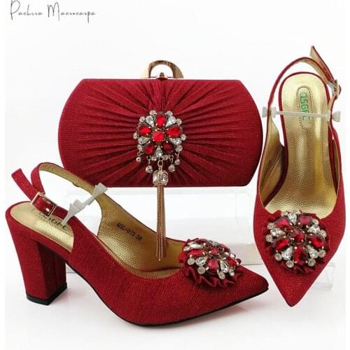 2020 Hot Selling Italian Design Lastest Noble African Crystal Style Nigerian Women Shoes and Bag Set in Red Color for Party