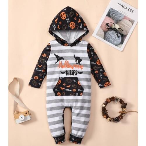2021 Toddler Halloween Jumpsuit, Printed Stripe Hooded Long Sleeves Romper for Baby Girls, Boys, 0-24 Months