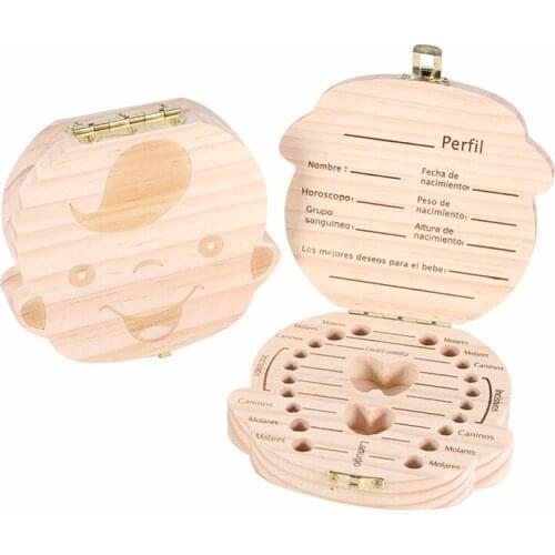 2017 New Spanish/Russian/English Wooden Baby Tooth Box Organizer Milk Tooth Storage Box for Boy Girl Save Teeth Umbilical Cord