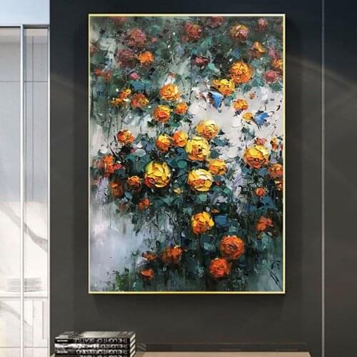 Abstract Flowers Handmade Thick Texture Oil Painting On Canvas Modern 3D Knife Canvas Painting Yellow Rose Picture Handpainted