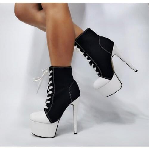 Drop Shipping New Girls Black White Patchwork High Heel Ankle Boots Woman Fashion Round Toe Platform Lace Up Short Boots