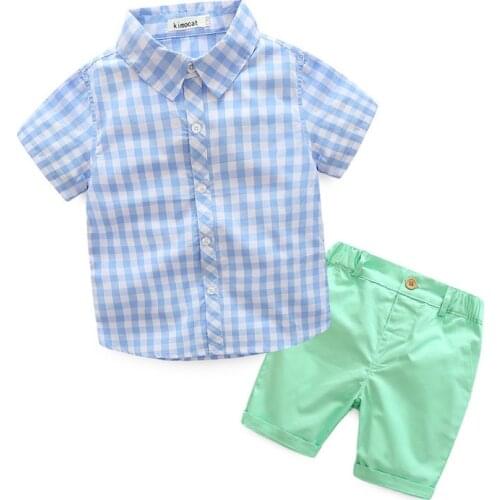 DFXD Korean Style Baby Clothing Set Summer Kids Boys Sets Cotton Short Sleeve Plaid Blouse Shirt+Casual Pant 2pc Boys Clothes