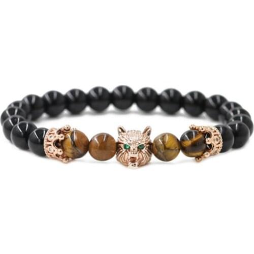 FYJS Unique Many Colors Wolf Head Crown Connect Tiger Eye Stone 8 mm Round Beads Elastic Bracelet Black Agates Jewelry