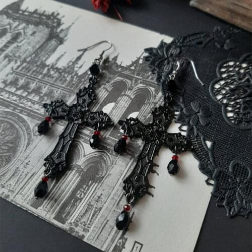 Gothic Punk Black Cross Crystal Chandelier Earrings Womens Gifts Korean Fashion Retro Jewelry Steampunk Accessories