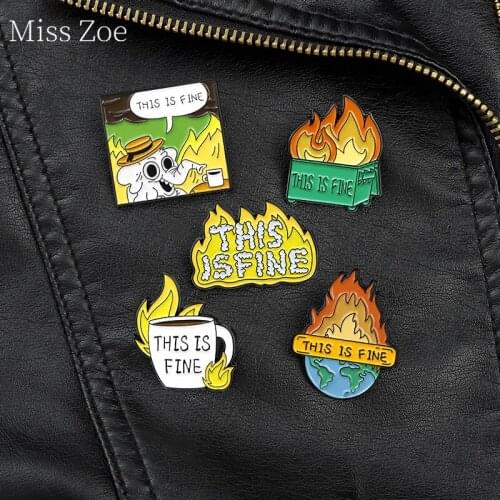 Interesting Conversation Enamel Pins Custom Cartoon Elephant Flame Brooches Lapel Pin Shirt This Is Fine Badge Jewelry Gift Kids