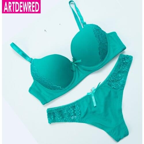 ARTDEWRED New Lace Bra Set Sexy Solid Bra Brief Sets Women Underwear Set Push up Brassiere&Thong 32 34 36 38 ABC Cup