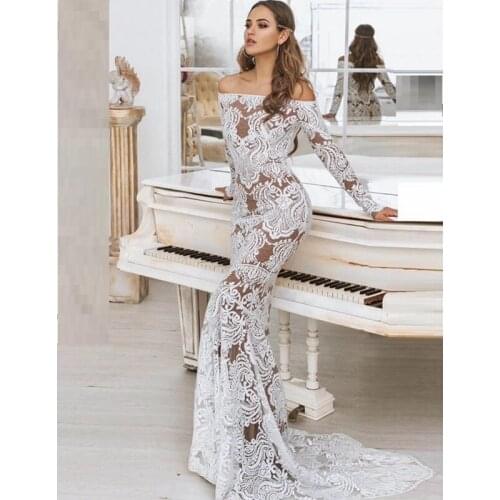 New Fashion Hot Selling Chic Off Shoulder Sequin Maxi Dress Lace Party Dress Bride Gowns Sparkly White Wedding Vestidos Wholesal