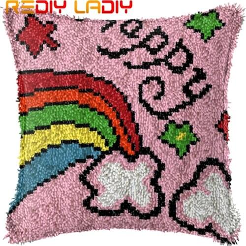 Latch Hook Cushion Happy Rainbow Pillow Case Printed Color Canvas Acrylic Yarn Latched Sofa Pillow Crochet Cushion Cover Kits